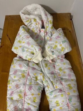 White Baby Snowsuit with Pastel Teddy Bear Print